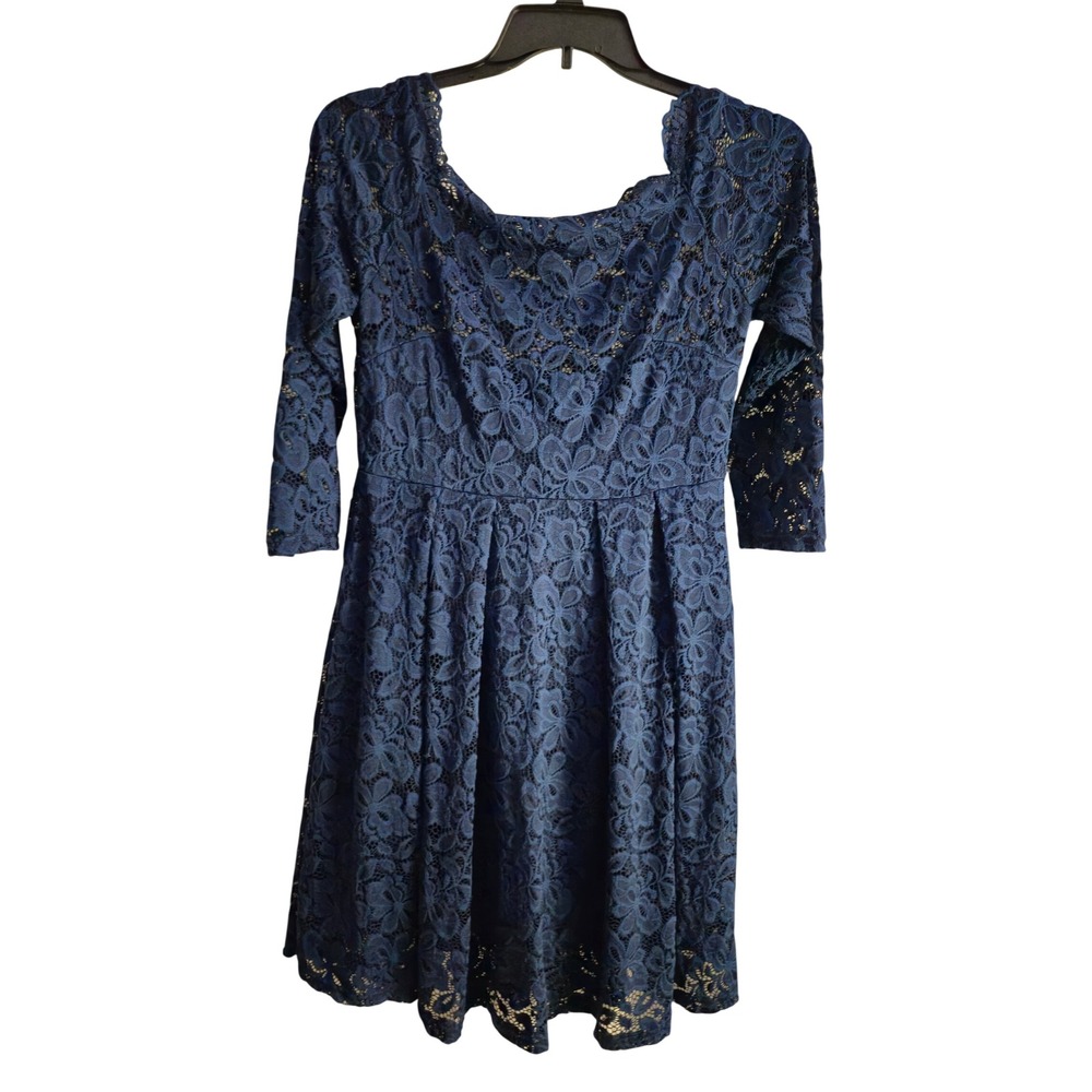 Miusol Lace Swing Cocktail Dress Womens L Navy Blue 3/4 Sleeve Floral Fit Flare